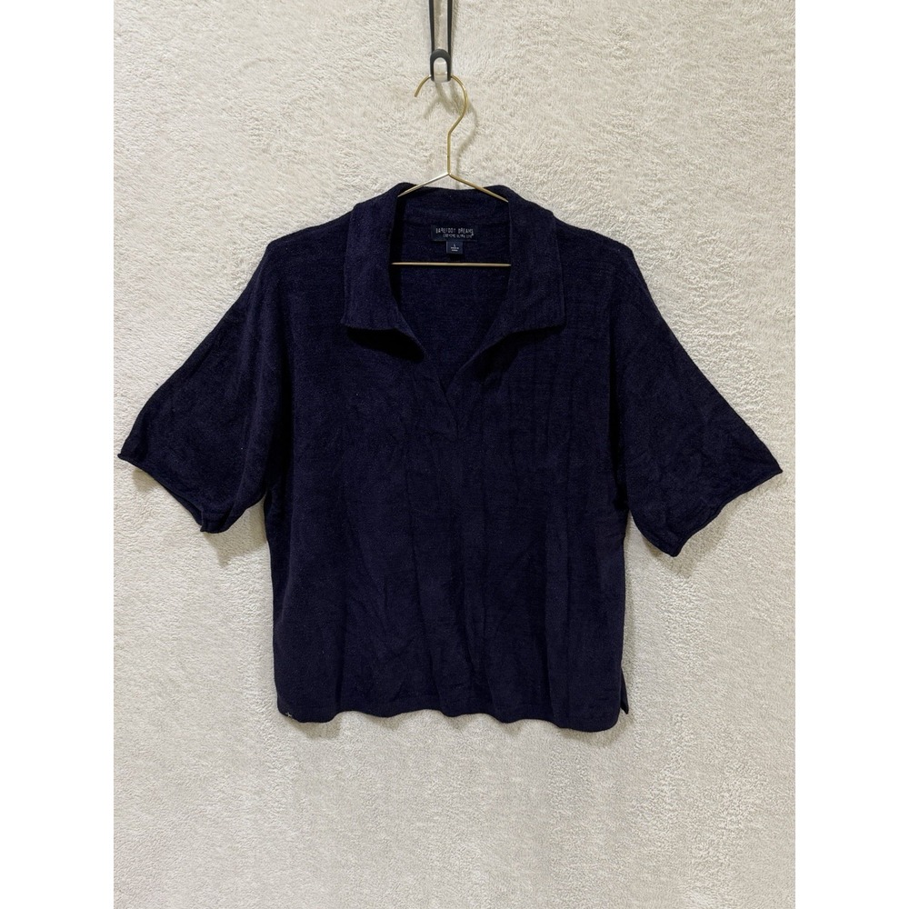 Barefoot Dreams CozyChic Ultra Lite Collared Short Sleeve With Slit Large Navy